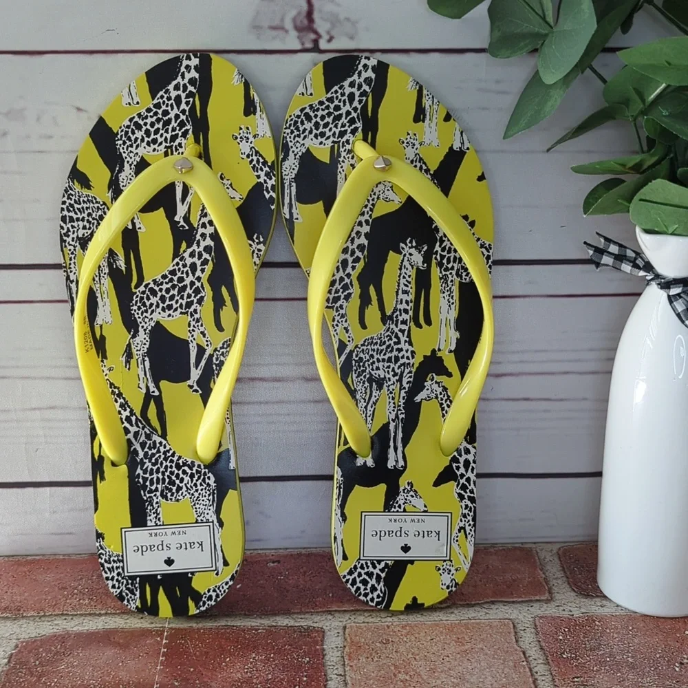Kate Spade Flip Flops Women's Feldon‎ Giraffe Sandal Yellow Black NWT Size 7/8